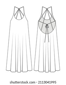 Fashion technical drawing of A-line flared dress with spaghetti straps and deep neckline