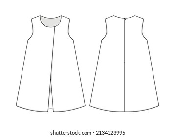 Fashion technical drawing of A-line sleeveless dress for girls