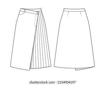 Fashion technical drawing of asymmetric wrap skirt with pleats 