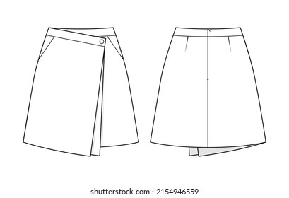 Fashion Technical Drawing Of Asymmetric Wrap Mini Skirt