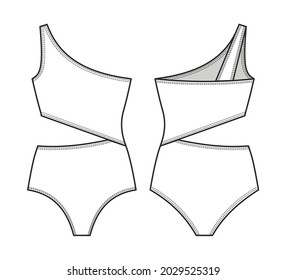 Fashion technical drawing of asymmetrical swimsuit 