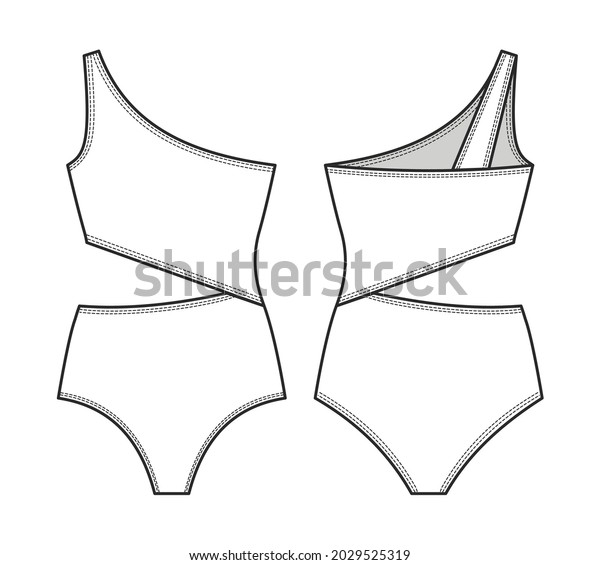 Fashion\
technical drawing of asymmetrical swimsuit\
