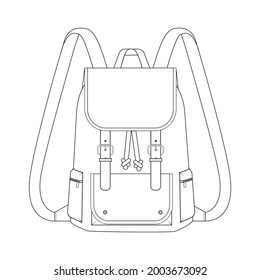 Fashion technical drawing of backpack. Black and white backpack illustration