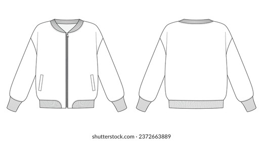 Dibujo técnico de moda del bombardero con cremallera. Dibujo plano de moda de bombarderos.