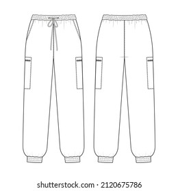 Fashion Technical Drawing Of Casual Cargo Pants With Drawstring At Waistband And Cuffes. Fashion Flat Sketch Of Jersey Trousers