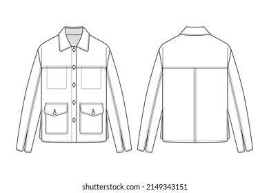 Fashion Technical Drawing Of Casual Oversize Jacket With Buttons And Patch Pockets