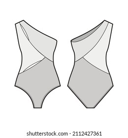 Fashion technical drawing of colorblock one shoulder cutout swimsuit