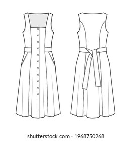 Fashion technical drawing of cotton sleeveless dress. 