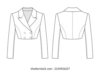 Fashion technical drawing of croped fitted double-breasted jacket for women