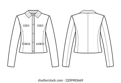 Fashion technical drawing of cropped jacket with collar. Fashion flat sketch of elegant woman jacket 