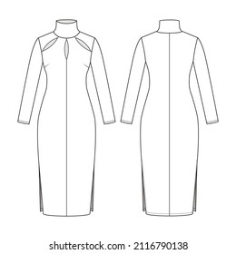 Fashion technical drawing of cut-out jersey turtle neck dress with long sleeves