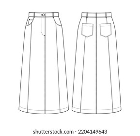 Fashion technical drawing of denim A-line midi skirt 