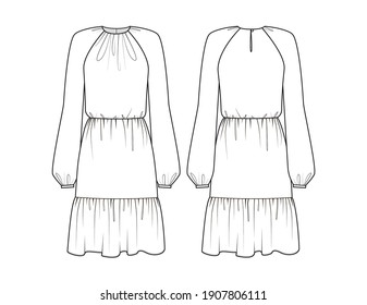 Fashion technical drawing of draped dress with sleeves