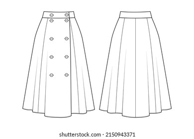 Fashion technical drawing of flared double-breasted midi skirt.