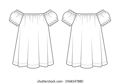 Fashion technical drawing of girlish babydoll dress. Fashion illustrashion of girls dress