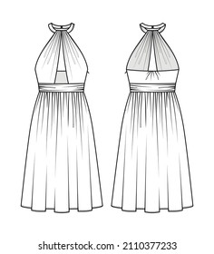 Fashion technical drawing of halter cutout draped dress