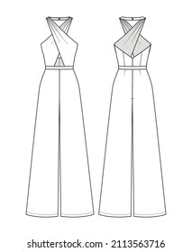 Fashion technical drawing of halter jumpsuit with flared pants