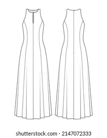 Fashion technical drawing of halter neck midi dress. Fashion flat sketch.