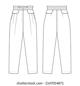 Fashion Technical Drawing Of High-waist Pleated Trousers. Slouchy Pants Fashion Flat Sketch.