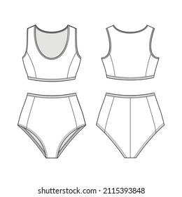 Fashion technical drawing of high-waisted sports two-piece swimsuit