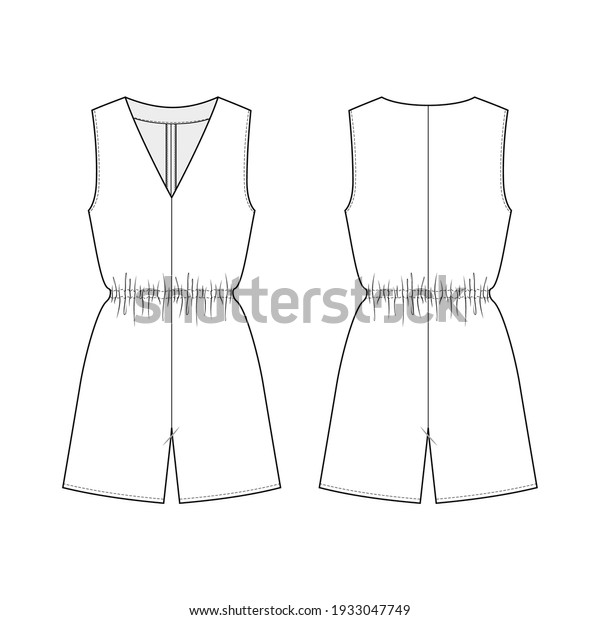 Fashion technical drawing of homewear short \
sleeveless jumpsuit for\
women