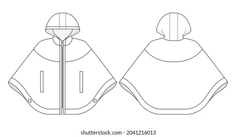 Fashion technical drawing of hooded cape with zip