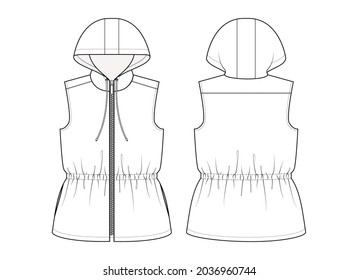 Fashion technical drawing of hooded gilet 