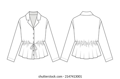 Fashion technical drawing of lapel-collar blouse with drawstring waistline