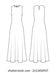 Fashion Technical Drawing Of  Long Sleeveless Dress. 