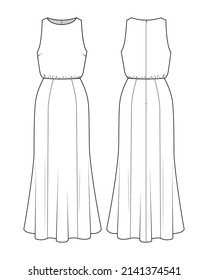 Fashion technical drawing of long sleeveless dress. Godet dress fashion flat sketch.