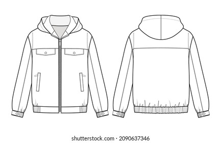 Fashion technical drawing of men's jacket with a zipper with a hood