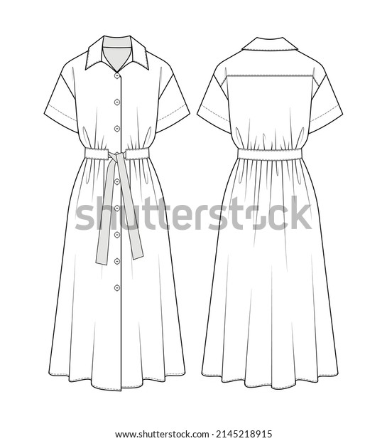 Fashion\
technical drawing of midi shirt dress with\
belt