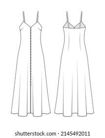 Fashion technical drawing of midi tank dress with front buttons