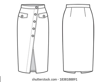 Fashion technical drawing of midi wrap skirt with buttons on front