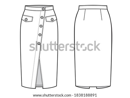 Fashion technical drawing of midi wrap skirt with buttons on front