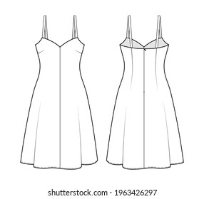 Fashion technical drawing od silk dress with straps. Fashion illustration of elegant dress.
