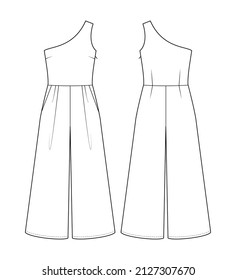 Fashion technical drawing of one-shoulder jumpsuit