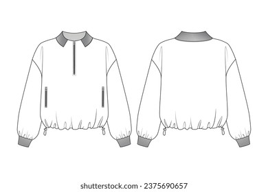 Fashion technical drawing of the oversize drawstring half zip sweatshirt.