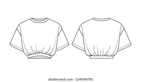 Fashion Technical Drawing Of Oversized Crop T-shirt With Elastic Band. Crop Top Fashion Flat Sketch