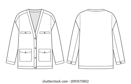 Dibujo técnico de moda de cardigan de chaqueta sobredimensionada con bolsillos