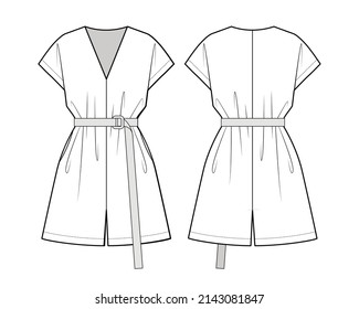 Fashion technical drawing of oversized v-neckline jumpsuit with belt