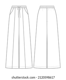 Fashion technical drawing of palazzo trousers with elastic band and drawstring waist. Fashion flat sketch of casual wide pants