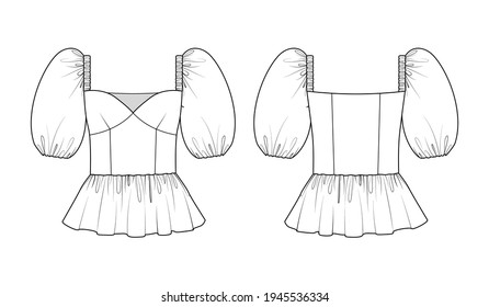 Fashion Technical Drawing Of Peplum Top With Puff Sleeves And Square Neckline