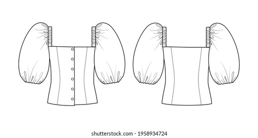 Fashion technical drawing of puff sleeve blouse. Fashion illustration of summer womens top.