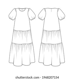 Fashion Technical Drawing Puff Sleeve Summer Tiered Dress.