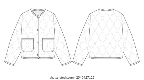 Fashion technical drawing of a quilted jacket with patch pockets