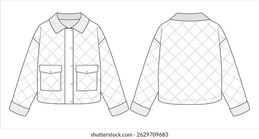 Dibujo técnico de moda de chaqueta acolchada con puños y cuello de pana