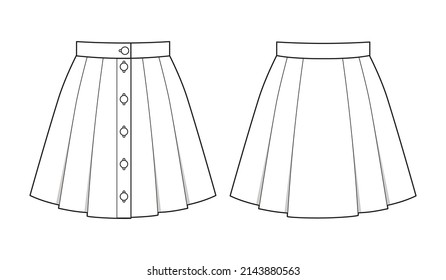 Fashion technical drawing of short skirt with buttons and pleats. A-line skirt fashion flat sketch.