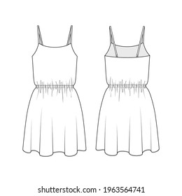 Fashion technical drawing of silk tank dress. Fashion illustration of nightgown.