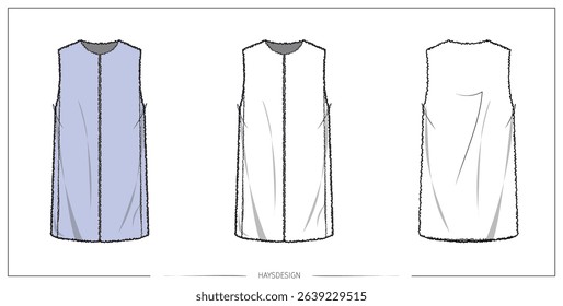 Fashion Technical drawing sketch, ladies women coat, vest sleeveless, short fur fabric. Great for tech packs, CAD drawing and expanding your library